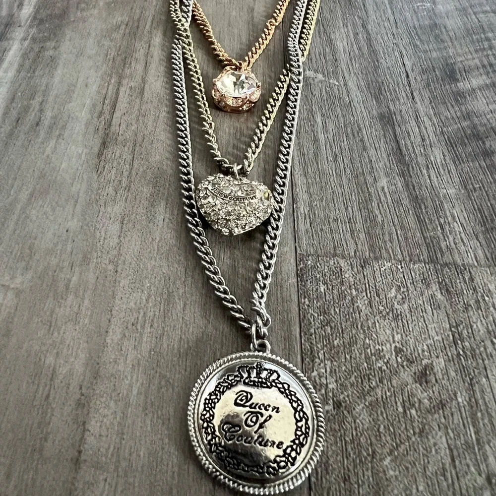 Juicy Couture Three Strand Multi Layer Gold Silver Rose Gold Pendant Necklace - Picture 2 of 3